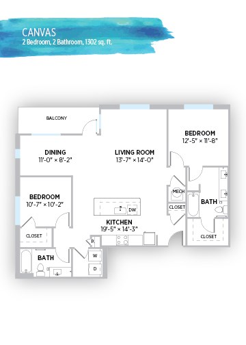 Floor plan for 2 beds, 2 baths, 1302 sqft